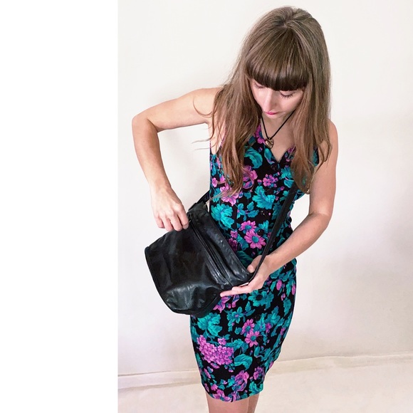 Vintage Dresses & Skirts - 80s / 90s petite jazz bold floral mini dress - VTG black purple teal sheath